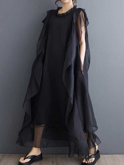 Loose Ruffle Sleeves Falbala Ruffled Solid Color Round-neck Midi Dresses