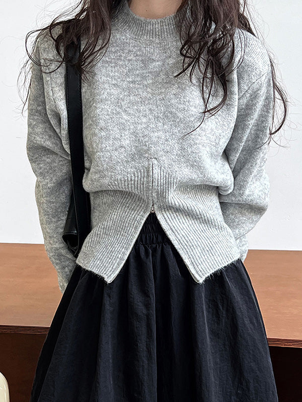 Lange Ärmel, locker, einfarbig, mit Reißverschluss, Stehkragen, Pullover, Oberteile 