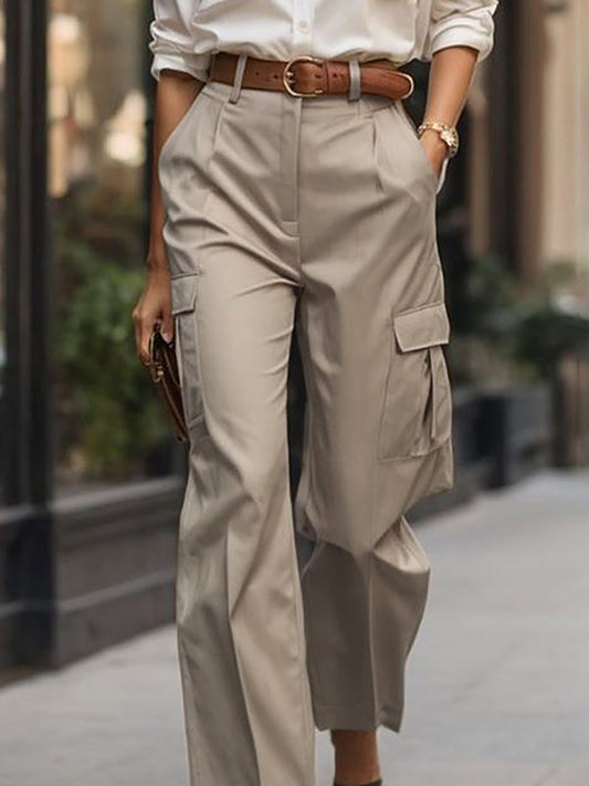 High Waisted Pleated Pockets Solid Color Pants Trousers