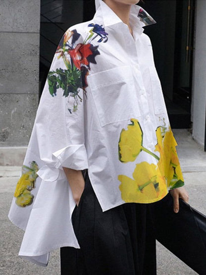 Chemisiers et chemises à manches longues, boutonnés, imprimés de fleurs, poches, col montant fendu sur le côté 