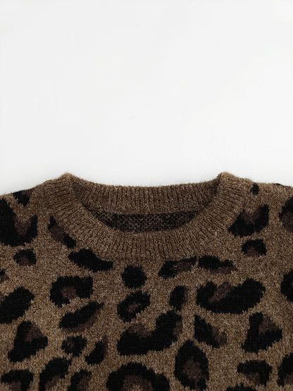 Long Sleeves Loose Leopard Round-Neck Sweater Tops