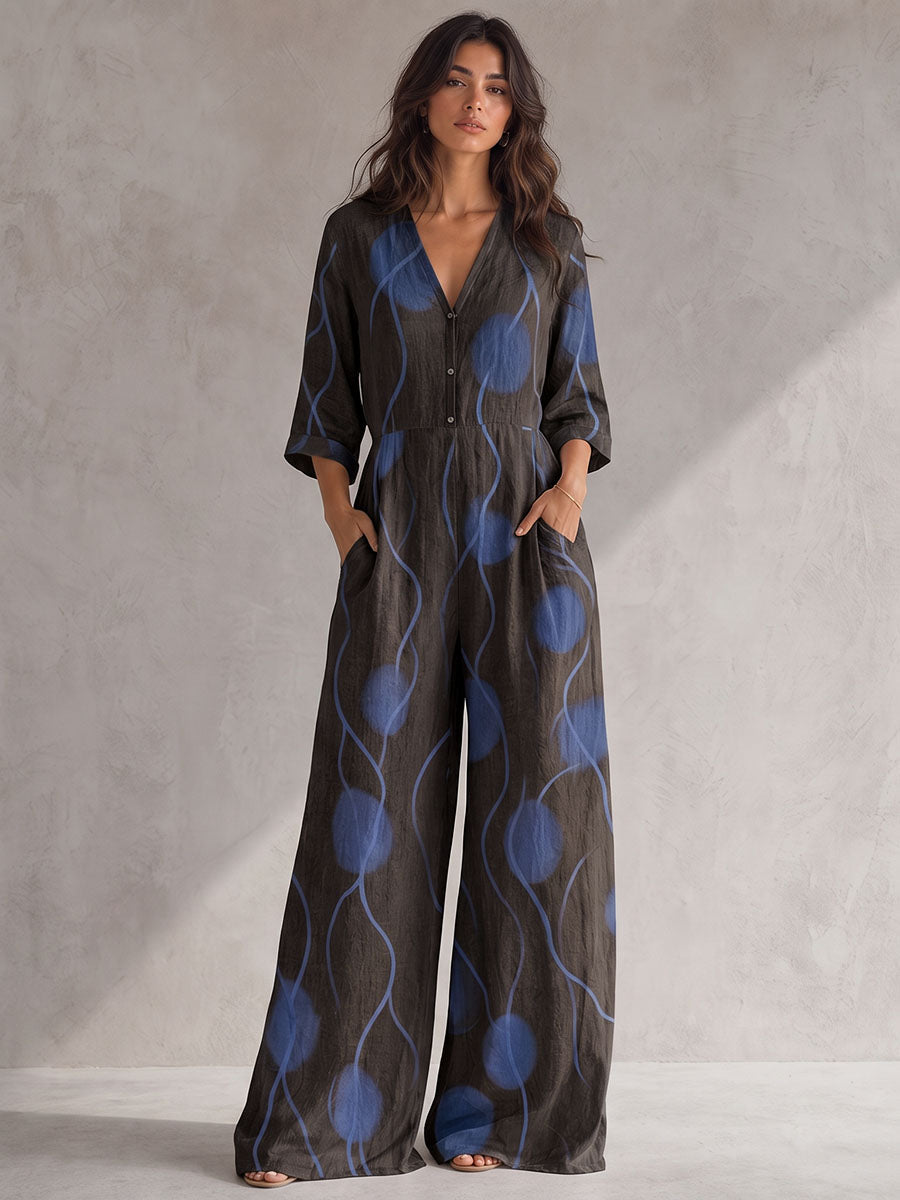 Wave Print Pockets Elasticity Contrast Color Buttoned Wide Leg Three-quarter Sleeves V-neck Jumpsuits