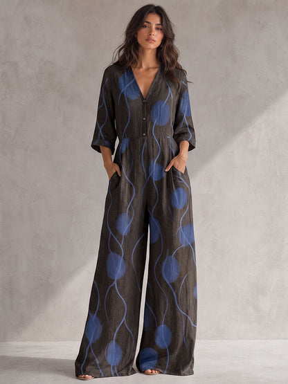 Wave Print Pockets Elasticity Contrast Color Buttoned Wide Leg Three-quarter Sleeves V-neck Jumpsuits