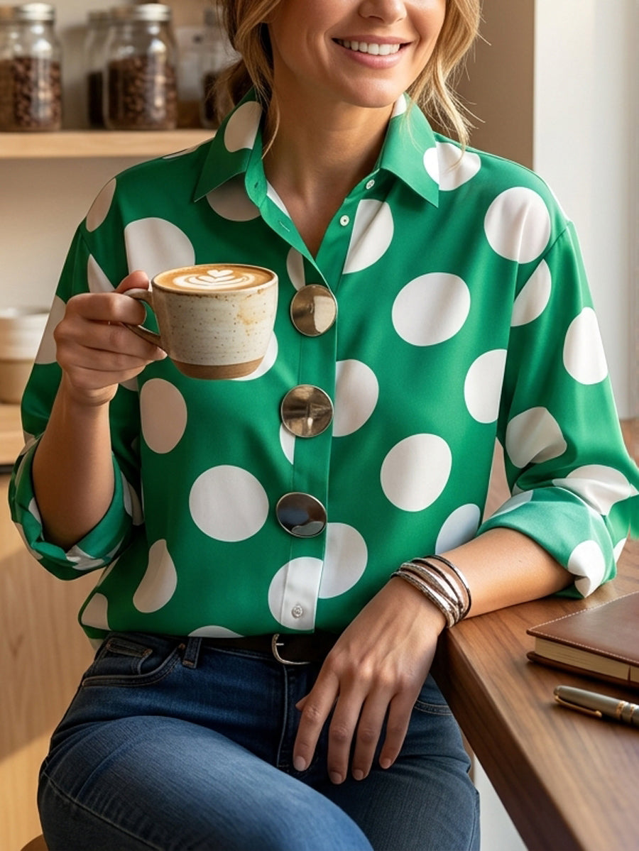 Long Sleeves Loose Buttoned Contrast Color Polka-Dot Lapel Blouses&Shirts Tops