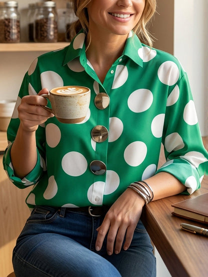 Long Sleeves Loose Buttoned Contrast Color Polka-Dot Lapel Blouses&Shirts Tops