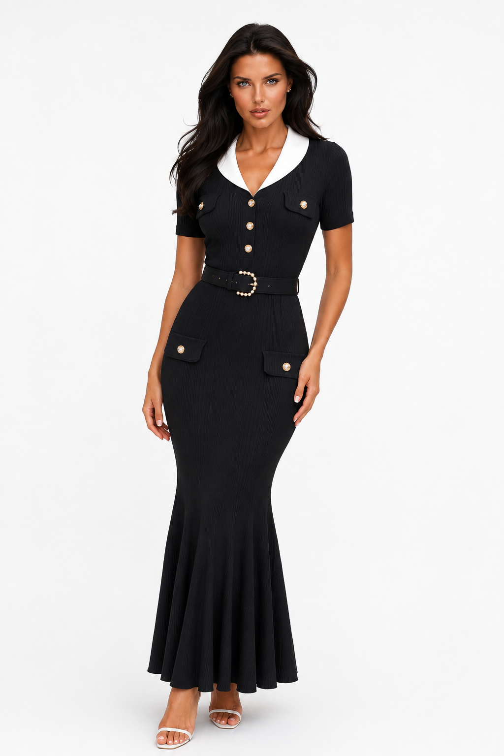 DESI Knit Belted Contrast Collar Maxi Dress with Gold Buttons