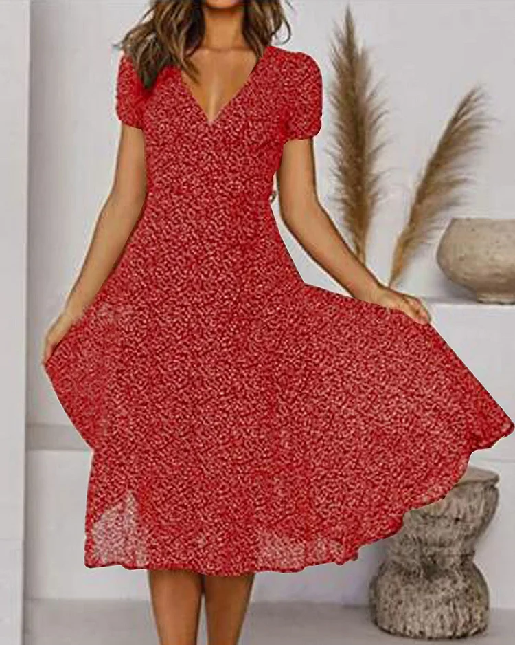 Vivienne | Women's V-Neck Short Sleeve Midi Dress with Print
