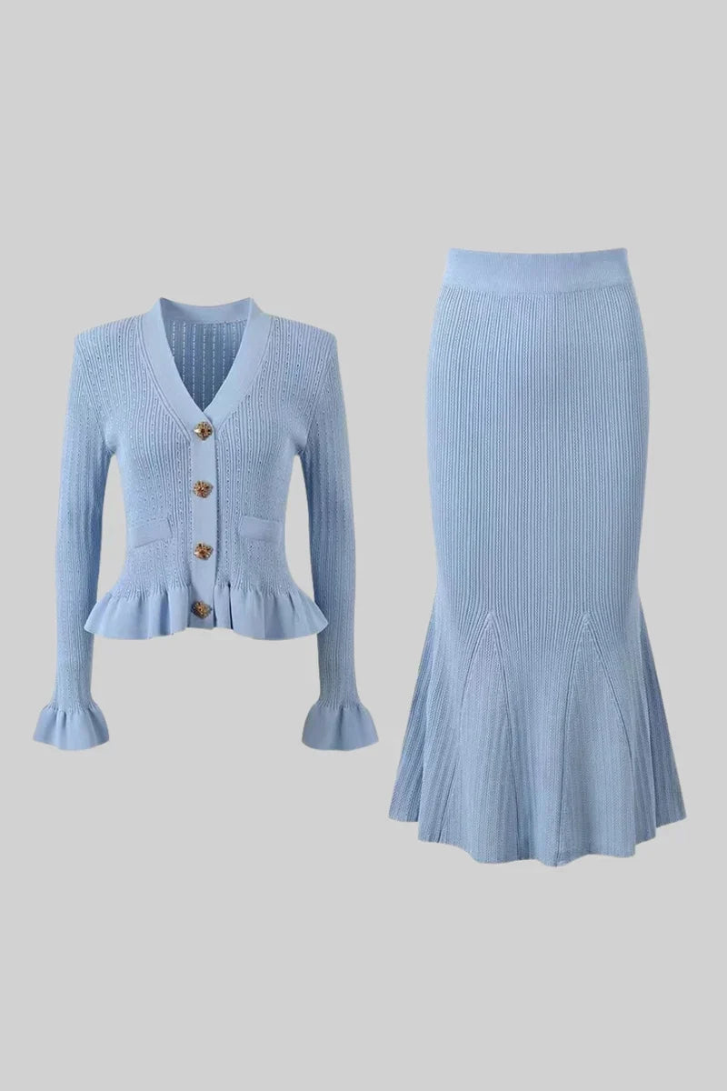 RIDEN RUFFLED JACKET & FLARED SKIRT KNIT MATCHING SET