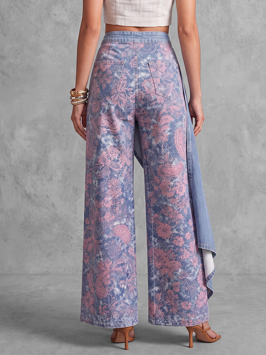 High Waisted Irregularity Buttoned Contrast Color Flower Print Pockets Split-Joint Jean Pants Bottoms
