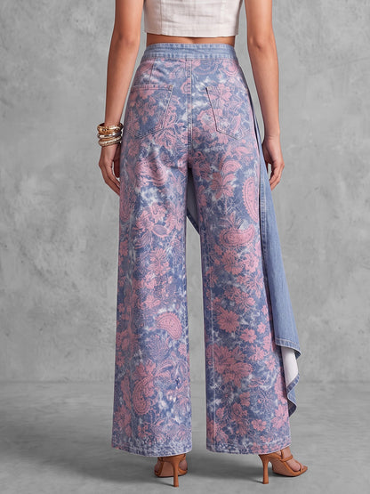 High Waisted Irregularity Buttoned Contrast Color Flower Print Pockets Split-Joint Jean Pants Bottoms