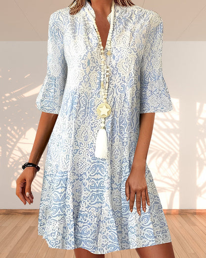 Natalie | Women's Boho V-Neck 3/4 Sleeve Printed Swing Dress