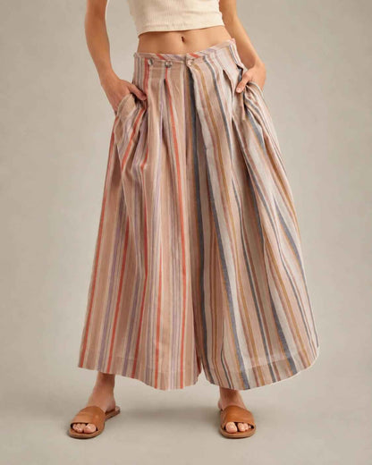 Multi-Stripe Pleated Front Wide-Leg Pants
