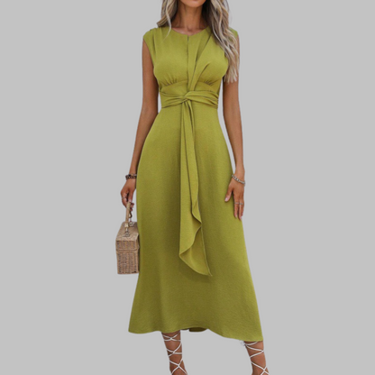 Celeste | Women's Belted Midi Dress Sleeveless Round Neck A-Line