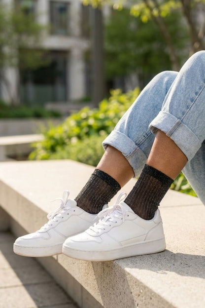 3-Pack Sheer Metallic Ribbed Crew Socks