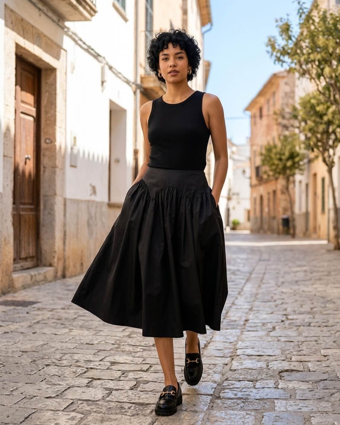 Poplin Cotton Smocked Flare Midi Skirt