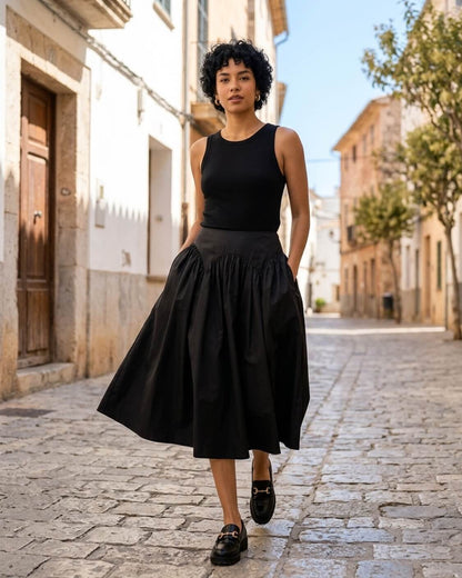 Poplin Cotton Smocked Flare Midi Skirt