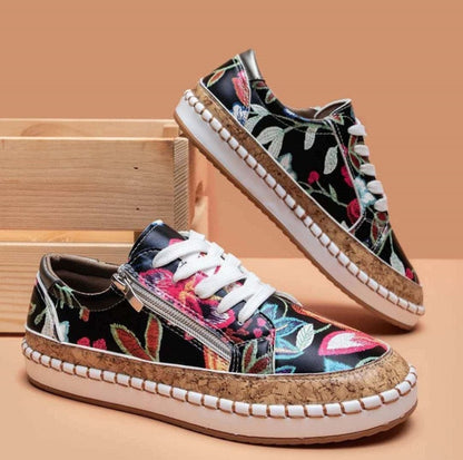 Flora | Women's Floral Embroidered Lace-Up Sneakers with Zip