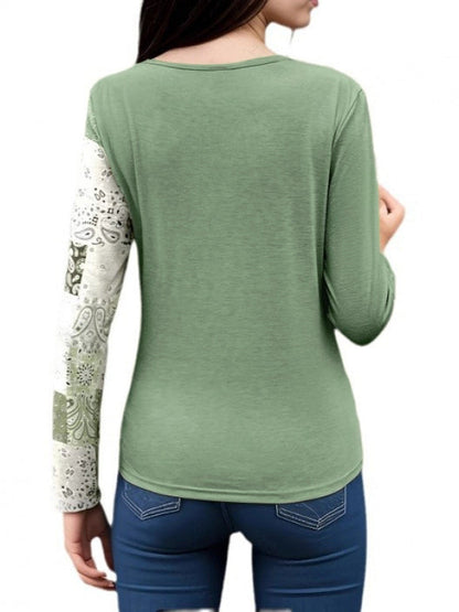 Irregularity Long Sleeves Asymmetric Buckle Contrast Color Pleated Split-Joint Round-Neck T-Shirts Tops