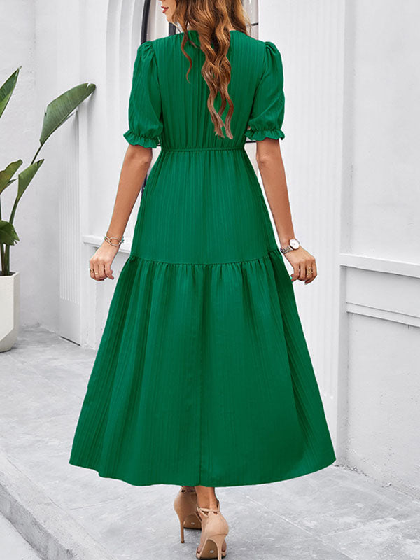 A-Line High Waisted Elasticity Pleated Solid Color Split-Joint V-Neck Midi Dresses