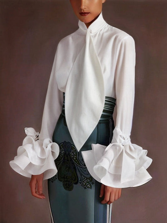 Flared Sleeves Long Sleeves Buttoned Falbala Solid Color Stand Collar Blouses&Shirts Tops