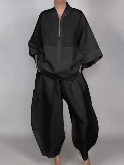 Long Sleeves Loose Solid Color Zipper V-Neck Shirts Tops