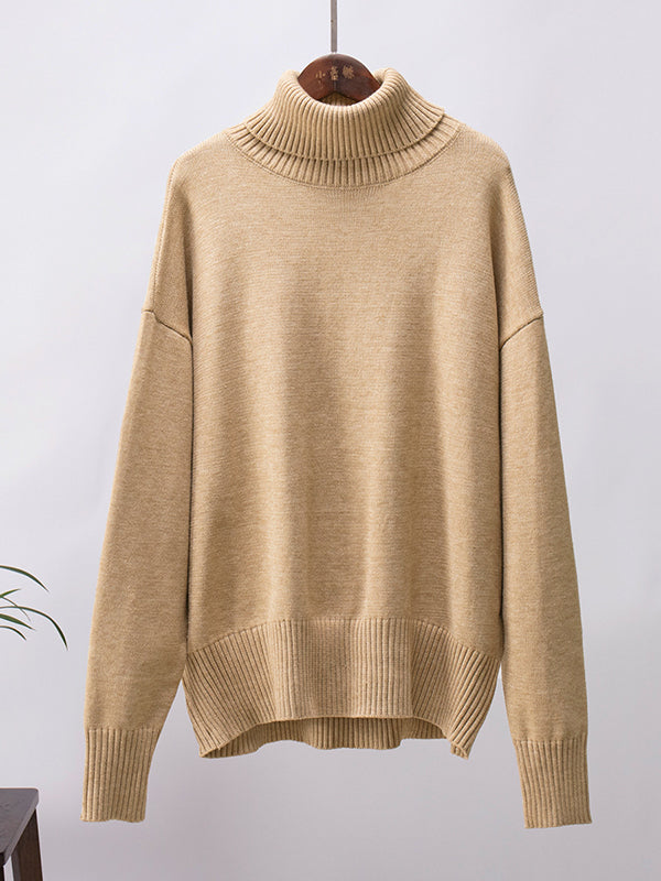 Long Sleeves Loose Solid Color High Neck Knitwear Pullovers Sweater Tops