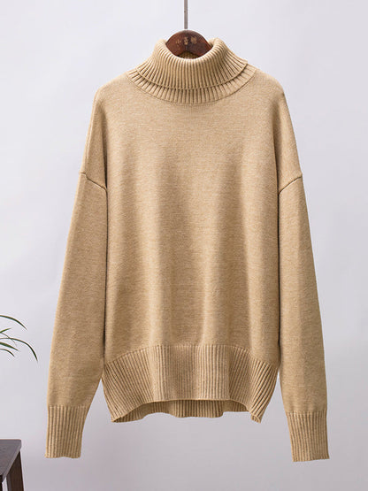Long Sleeves Loose Solid Color High Neck Knitwear Pullovers Sweater Tops