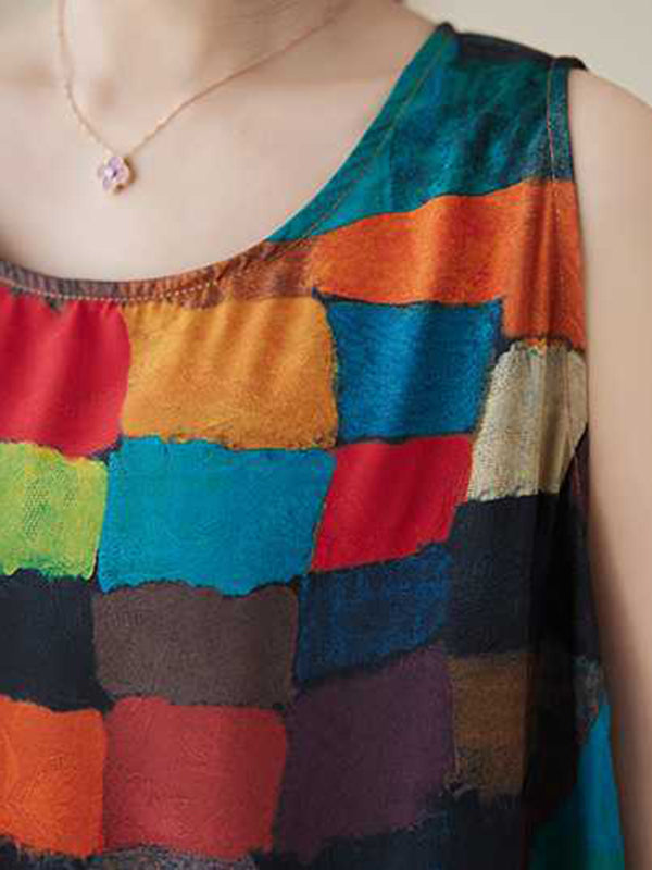 Lockere ärmellose, mehrfarbige, karierte Midikleider mit Rundhalsausschnitt in Kontrastfarbe 