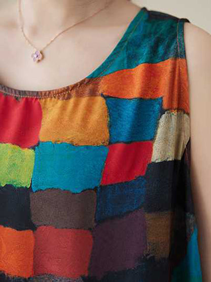 Lockere ärmellose, mehrfarbige, karierte Midikleider mit Rundhalsausschnitt in Kontrastfarbe 