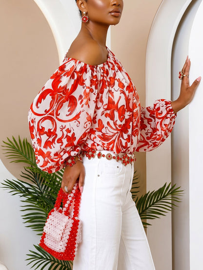 Long Sleeves Puff Sleeves Contrast Color Elasticity Flower Print One-Shoulder Blouses&Shirts Tops