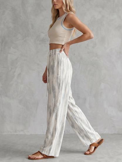 High Waisted Wide Leg Contrast Color Drawstring Elasticity Pockets Pants Trousers