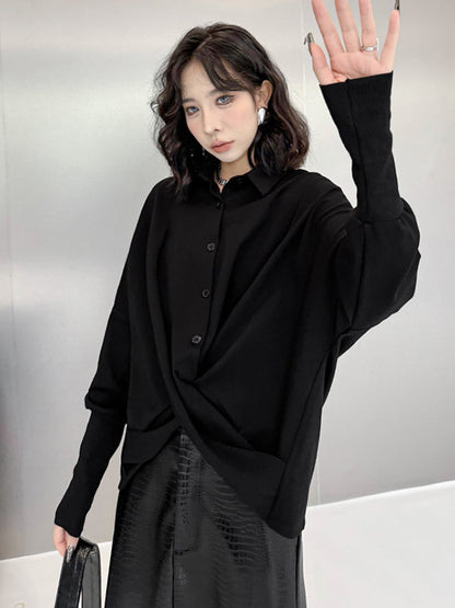 Hipster Irregularity Buttoned Solid Color Twist Lapel Collar Blouses&Shirts Tops