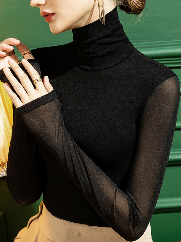 T-shirts à manches longues, col montant, transparents, couleur unie, grande taille 