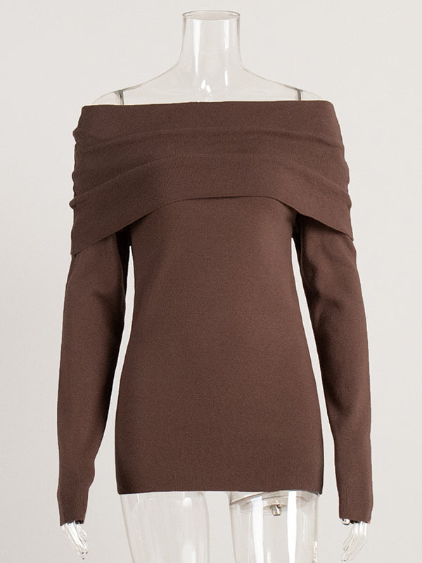 Long Sleeves Loose Solid Color Off-The-Shoulder Pullovers Sweater Tops