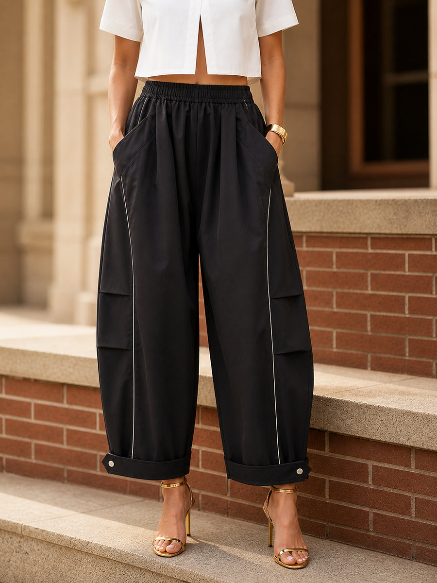 Pockets Elasticity Contrast Color Buttoned Wide Leg Loose Pants Cropped Trousers