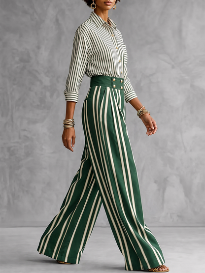 Striped Split-Joint Contrast Color Buttoned Three-quarter Sleeves Loose Lapel Blouses&shirts Tops