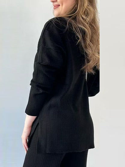 Loose Long Sleeves Solid Color Split-Side Lapel Sweater Top + Pants Two Pieces Set