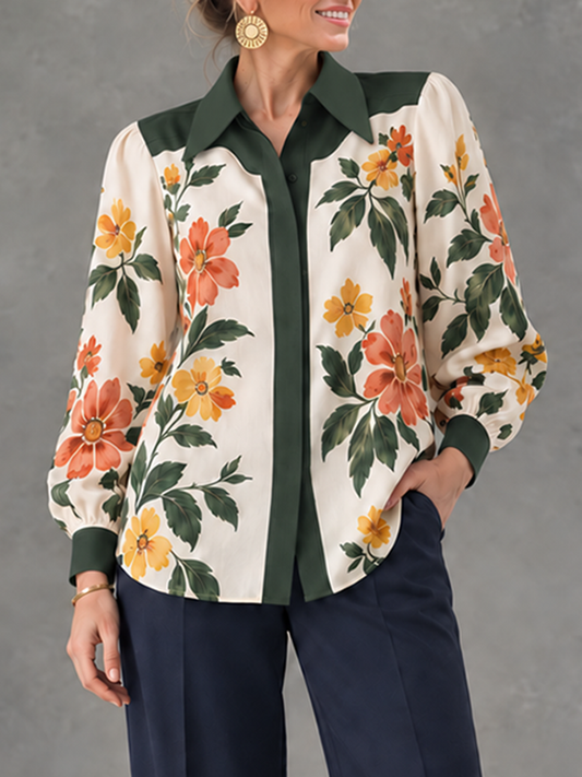 Split-Joint Flower Print Contrast Color Buttoned Long Sleeves Lapel Blouses&shirts Tops
