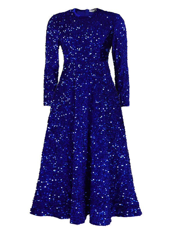 Robe longue trapèze taille haute à paillettes, fermeture éclair fendue et col rond 