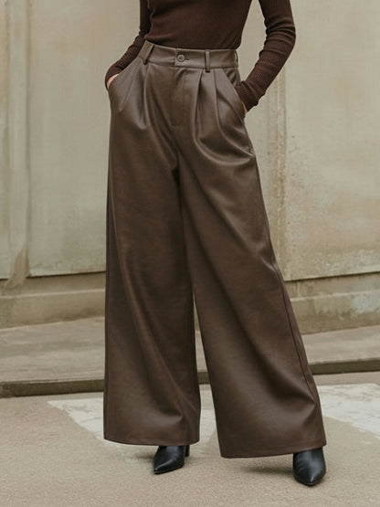 High Waisted Leather-Like Wide Leg Pants