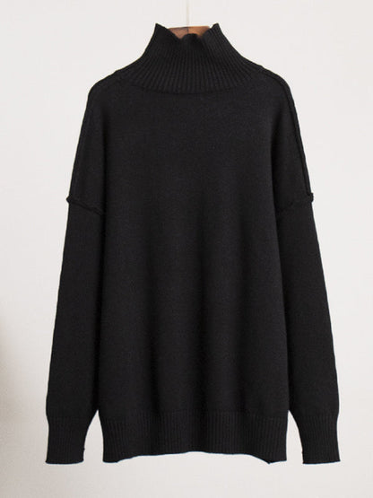 Long Sleeves Loose Solid Color Split-Joint High Neck Pullovers Sweater Tops
