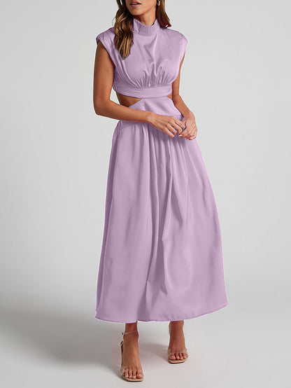 Cap Sleeve Belly-Hollow Pleated Solid Color Stand Collar Maxi Dresses
