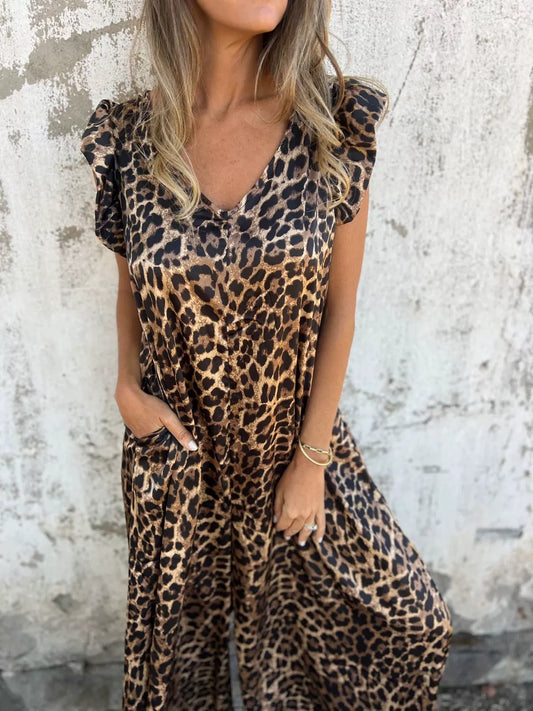 Women's V-Neck Leopard Print & Solid Jumpsuit Leopard S