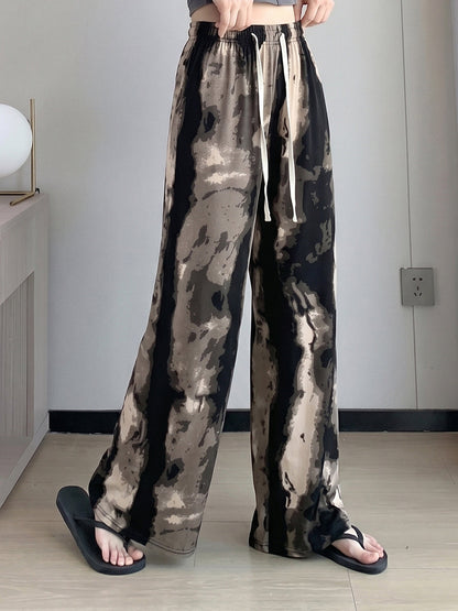 High Waisted Wide Leg Drawstring Elasticity Printed Pants Trousers
