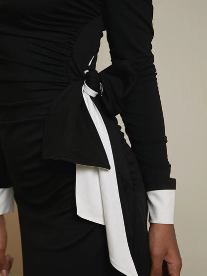 Long Sleeves Asymmetric Contrast Color Pleated Split-Joint One-Shoulder Evening Dresses Maxi Dresses