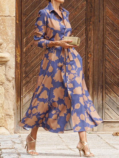 Tied Leaves Print Contrast Color Buttoned Long Sleeves A-line Lapel Shirt Dress Maxi Dresses