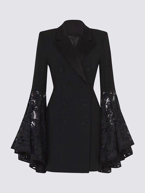 Flared Sleeves Long Sleeves Asymmetric Buttoned Solid Color Split-Joint Notched Collar Blazer Outerwear