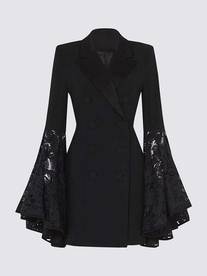 Flared Sleeves Long Sleeves Asymmetric Buttoned Solid Color Split-Joint Notched Collar Blazer Outerwear