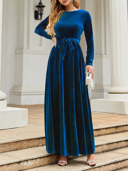 Long Sleeves Wrap Belted Pleated Solid Color Zipper Round-Neck Maxi Dresses