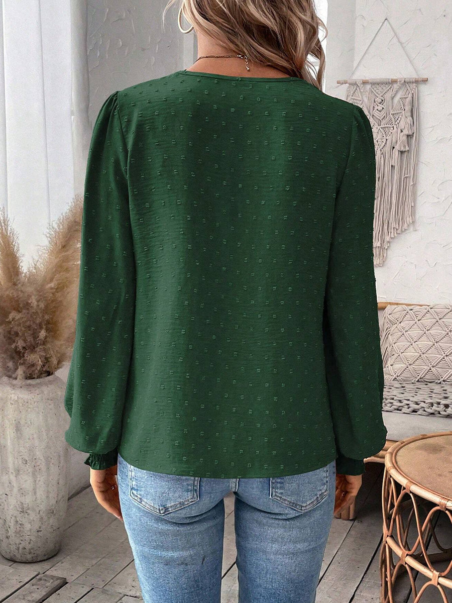 Balloon Sleeves Long Sleeves Embroidered Hollow Solid Color V-Neck Blouses&Shirts Tops
